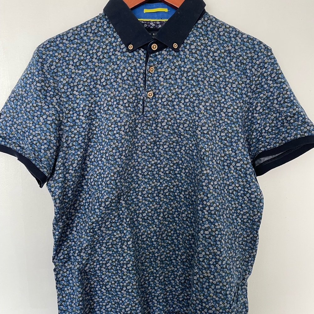 Ted Baker Blue Floral Print Polo with Navy Contrast Collar